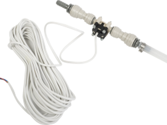 A white cable with an electrical plug attached to it.